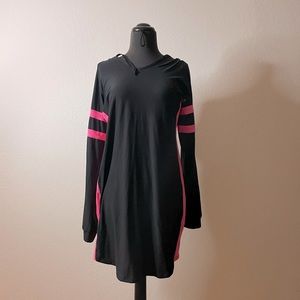Black & Neon Bright Hot Pink Hooded Sweatshirt Dress